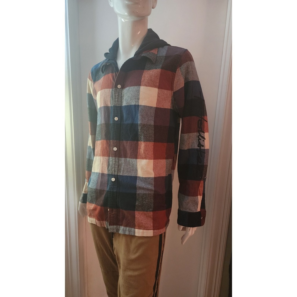Hollister plaid flannel hoodie men's XL large red hooded long sleeve shirt A14